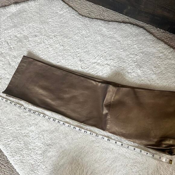 Vintage High Waisted Brown Gold Metallic Shiny 100% Leather Straight Leg - Picture 7 of 8